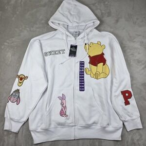 Disney Winnie The Pooh Hoodie Womens 2XL White Full Zip Sweatshirt Tigger Piglet